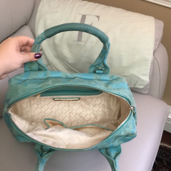 FERRE Milano light green/turquoise canvas 2-way bowling bag. NWOT - Picture 8 of 8